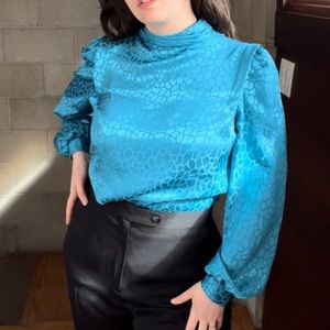 Vintage satin blue blouse | animal print 80s 90s